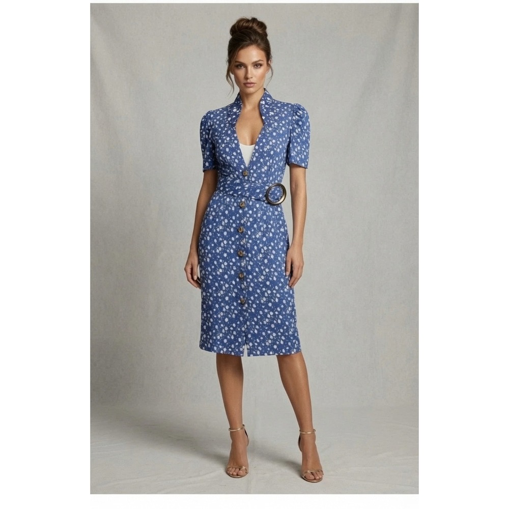 Vtg 80s Whirlaway Frocks Dress 6p Floral Button Up Belted Midi Blue 90s Made USA